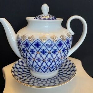 Russian Imperial Lomonosov Porcelain Cobalt Net Teapot Saucer Set